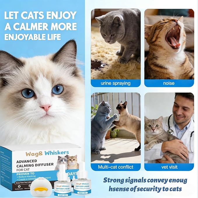 Calming Diffuser, Soothe Your Pet's Emotions, Reduce Stress and Anxiety, and Decrease Fighting and Scratching Behaviors, 3-in-1 Kit for Cats (1Charging Plugs+4Refills)