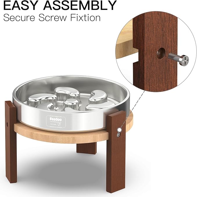 Feedoo Elevated Dog Bowl Stand, 7'' Height Raised Stand for Large Dogs, Includes 3Cups Stainless Steel Slow Feeder Dog Bowl, Durable Solid Hardwood