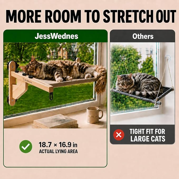 Extra Wide Cat Window Perch, 3-in-1 & Cordless with Solid Wood Frame | 40 lb Tested, 20.1 x 25.2 in Extra-Wide Frame, Heavy-Duty Suction Cups, Reinforced Steel Hooks, Converts to Floor Bed