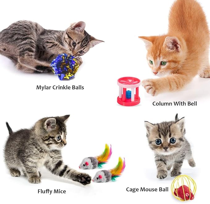 AILUKI 35PCS Cat Toys Variety Pack for Indoor Cats, Kitten Toys Set with Collapsible Cat Tunnel, Feather Wand, Plush Mice, Crinkle Balls & Interactive Cat Toys Bundle Storage Bag