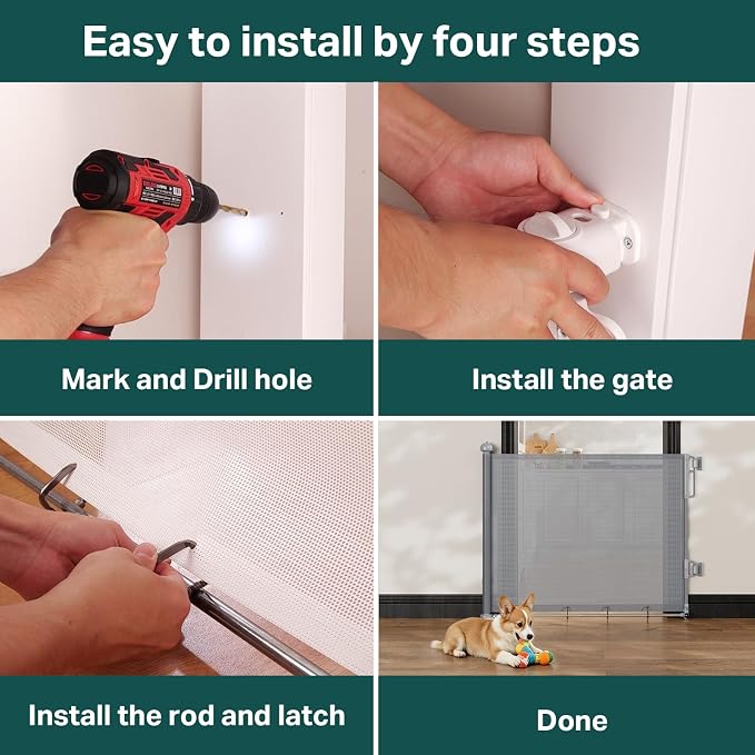 Cumbor 37-55" Retractable Baby Gates for Stairs & Doorways, Hardware Mounted Mesh Dog & Pet Gate, Easy Walk Through, One-Hand Operation, Anti-Crawl Adjustable Safety Gate for Dog, Indoor Outdoor Grey
