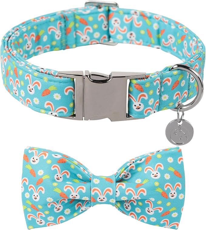DOGWONG Easter Dog Collar Rabbit Dog Collar with Bow Adjustable Bowtie Blue Bunny Dog Collars for Small Medium Large Dogs