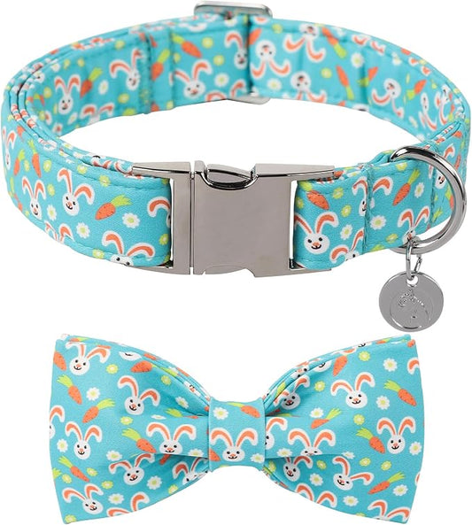 DOGWONG Easter Dog Collar Rabbit Dog Collar with Bow Adjustable Bowtie Blue Bunny Dog Collars for Small Medium Large Dogs
