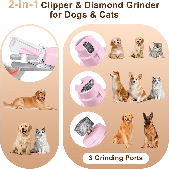 2-in-1 Dog Nail Clippers and Cat Nail Clippers with Light, Quick Sensor and Safety Guard, USB Rechargeable Pet Nail Trimmer with 2 LED Lights for Large Medium Small Dogs and Cats (Pink)