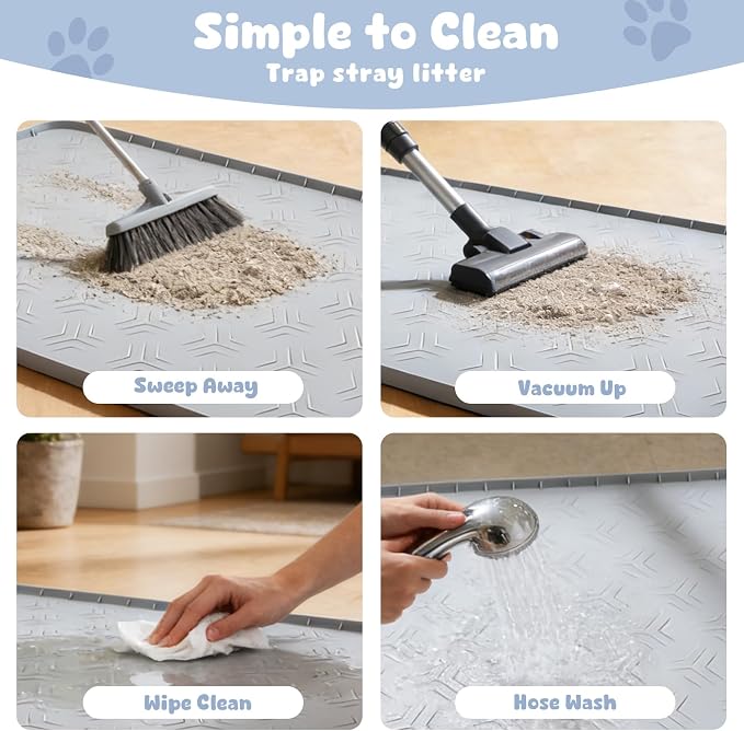 Cat Litter Box Mat, 50"×35" Large Silicone Cat Litter Trapping Mat | Non-Slip Gray Kitty Litter Mat for Indoor Cats, Waterproof Pet Food Mats Easy to Clean & Soft on Kitty Paws