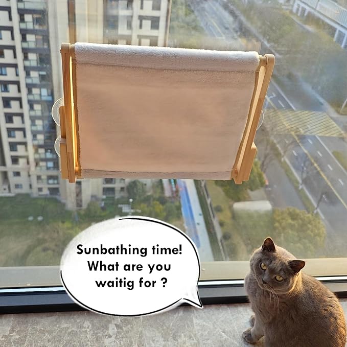 Foldable Cat Window Perch, Natural Wood, 16.5''×12'' Hammock, 35 lbs Weight Limit, Cat Window Hammock for Small Size Windows