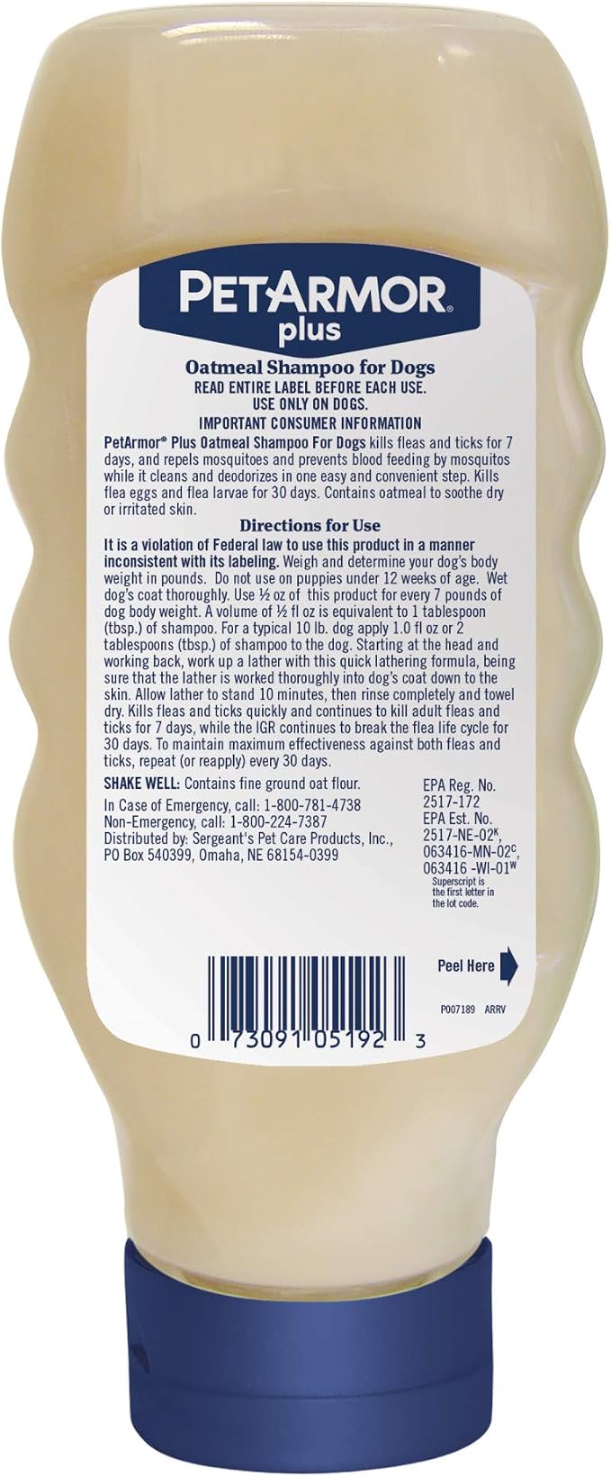 PetArmor Plus Flea & Tick Oatmeal Shampoo Dogs, 7-Day, Tropical, 18oz | Ideal for Dogs with Sensitive Skin; Kills Flea Eggs for 30 Days; not for cats; Tropical Breeze Scent