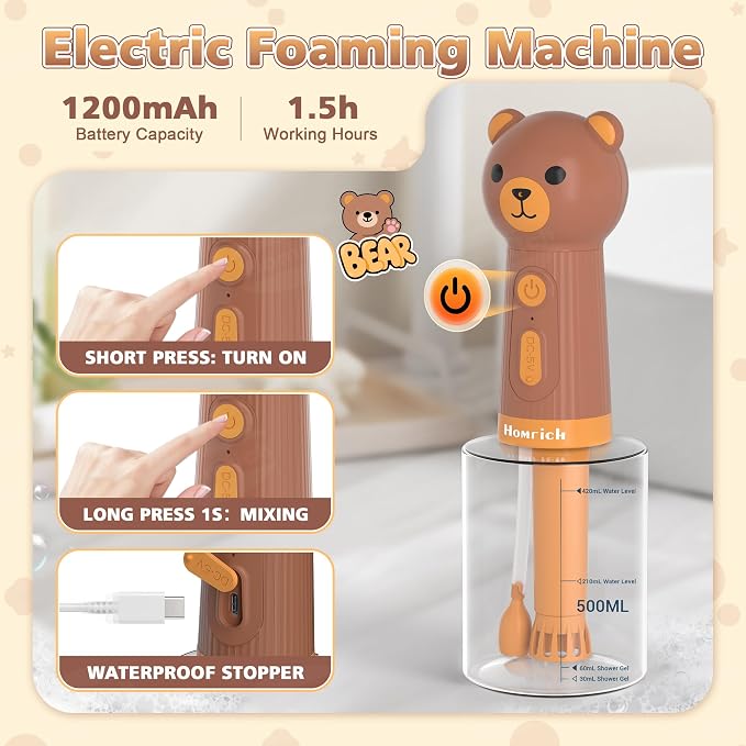 Homrich 500ml Dog Shampoo Foamer with Auto Mixing, Electric Dog Soap Dispenser, Rechargeable Automatic Pet Shampoo Sprayer, Bath Supplies - IPX7 Waterproof Foam Machine for Bathtub Pet Cleaning