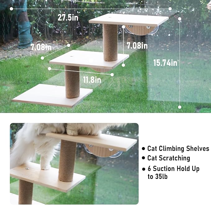 Cat Window Ladder 3-Levels for Indoor Cats, Climbing Window Shelf | with Strong Suction Cups, for Bird-Watching & Play, Space-Saving