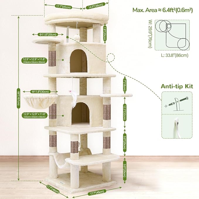 Globlazer 66inch Corner Cat Tree Tower for Indoor Large Cats, C66, Beige | Space-Saving Stable Adult Cat Tower with 6 Scratching Posts, 2 Large Fan-shaped Condos & Top Perch, Hammock, Climbing Steps
