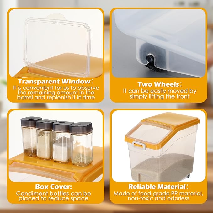 Sunnyray 4 Pcs Rice Storage Container 38 lb Flour Container with Wheels Measuring Cup Clear Pet Food Bin Dog Bird Cat Food Bin Grain Cereal Organizer Box for Dry Baking Supplies(Yellow Lid)