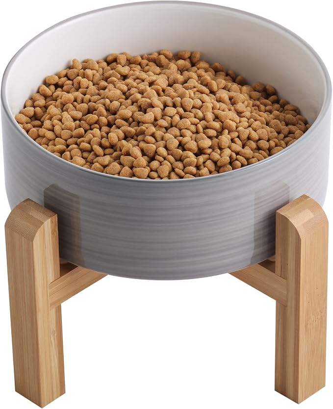 Elevated/Raised Dog Bowl Ceramic with Wood Stand for Medium Large Breed,Dog Food Water Dish Heavy Weighted,8 in Non Slip Modern Cute Porcelain Pet Bowl Extra Large Grey White