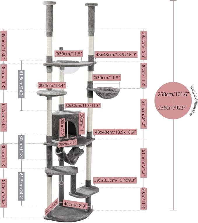 PEQULTI Floor to Ceiling Cat Tree, 92.9-101.6in Adjustable Cat Tower, Gray | Adjustable tower braces floor to ceiling; cozy condo, large hammock, perches & 9 sisal posts on fan base with anti-tip strap