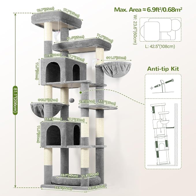 Globlazer Sturdy Extra Large Cat Tower for Indoor Cats, S81C, Light Grey | 81 inch Heavy Duty Cat Tree for Indoor Large Adult with 8 Scratching Post, 2 Cat Condos, 2 Platform