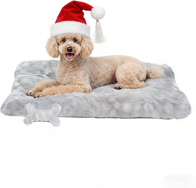 Washable Dog Bed for Small to Large Dogs, Calming Anti Anxiety Medium Dog Bed, Deluxe Plush Faux Fur Crate Beds, Comfy Fluffy Kennel Pad Pet Sleeping Mat with Non-Slip Bottom, 36"x27", Gray