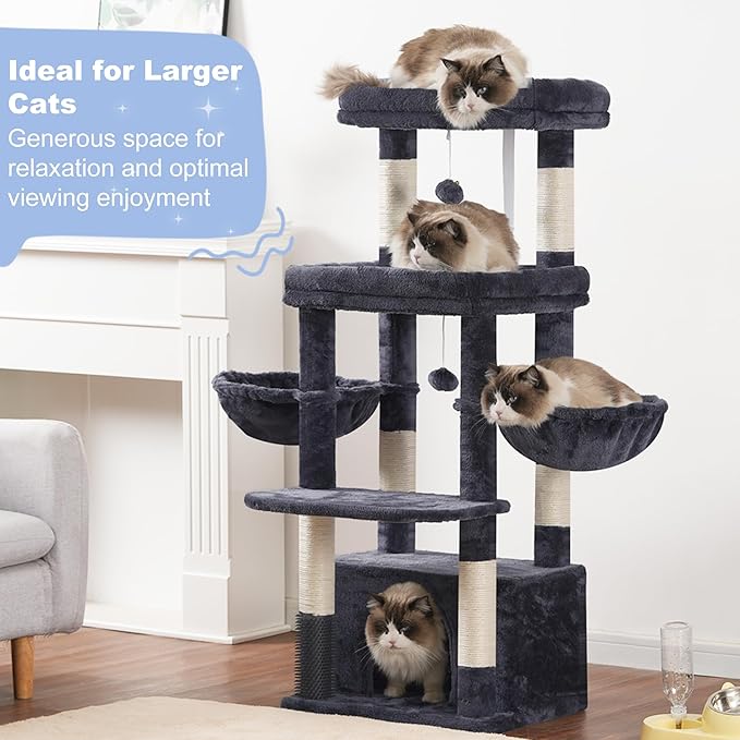Hey-brother Cat Tree Tower with Extra Large Platform, Big Condo, MPJ070G | 51.1 Inches Scratching Posts with 2 Cozy Hammocks, Self-Grooming Brush for Indoor Adult Cats, Maine Coon, Smoky Gray