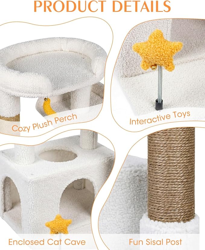 30" Kitten Cat Tower, Compact Beige Cat Tree with Condo & Perch | Plush Finish, Cozy Condo, Soft Top Perch, Sisal Scratching Post, Dangling Ball Toy, Anti-Tip Base, for Cats up to 15 lbs