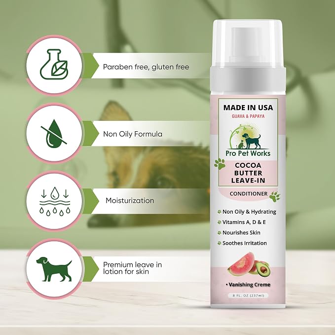 Pro Pet Works 5 in 1 Cocoa Butter Leave-in Dog Conditioner Lotion for Dogs & Cats-Hot Spot Cream/Balm for Allergies, dermatosis, Paw Fungus Or Itchy Skin-Heals Small Cuts & Abrasions[Made in USA]