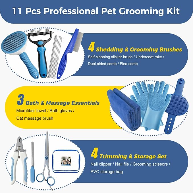 11 Piece Dog Grooming Kit - Hair, Nail, Massage Bath Supplies For Pets Cats | slicker dog brush for shedding，comb, undercoat rake, nail clipper tool, towel, scrubber gloves, scissors, all in one fur care