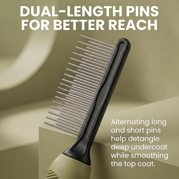 Poodle Grooming Comb - Metal Dematting Comb with Long & Short Stainless Steel Teeth for Removing Matted Hair & Knots, Safe and Gentle for Dogs & Cats (Green)