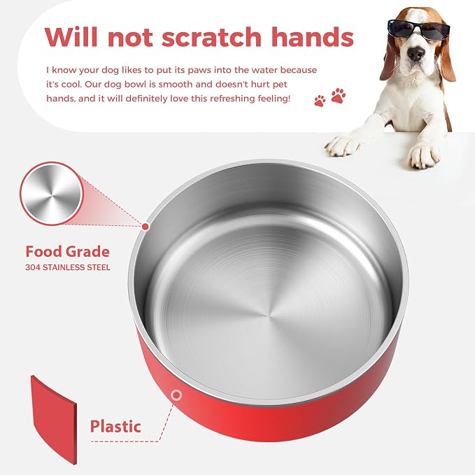 WENBOKMIN Dog Bowl, Stainless Steel Dog Food and Water Bowl with Non Slip Quiet Bottom, Easy to Clean, Dishwasher Safe, 64oz, Red