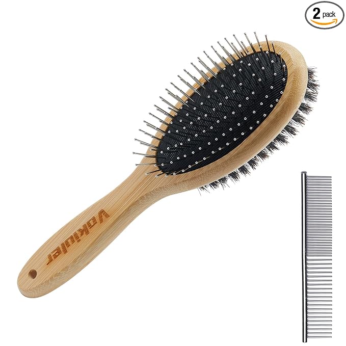 Dog Brush Cat Brush, Vokiuler Double Sided Bristle and Pin Pet Brush for Dog Grooming, Real Boar Bristle Shedding Brush with Bamboo Handle for Long Short Hair, 2 Pack Dog Comb, Black