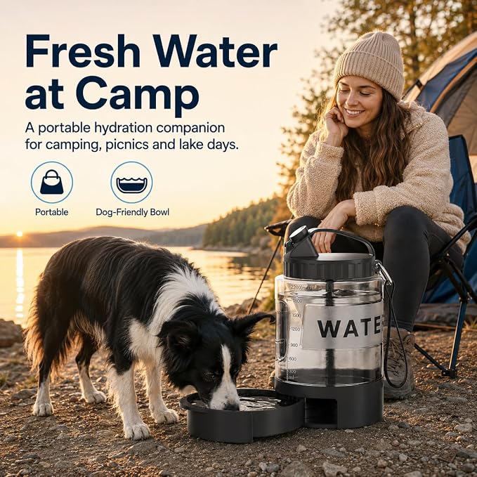 lesotc Portable Dog Water Bowl Dispenser - 77oz Travel Water Bottle with Pop-Out Drinking Bowl, No-Spill Design for Camping, Hiking & Car Rides - Keep Your Dog Hydrated Anywhere, Black
