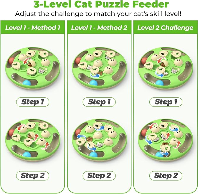 3 in 1 Cat Treat Puzzle Feeder, Level 3 Interactive Cat Puzzle Toy with Track Balls, Feather Teaser & Slow Feeder Insert, Non-Slip Base, Mental Stimulation for Bored Indoor Cats, Green