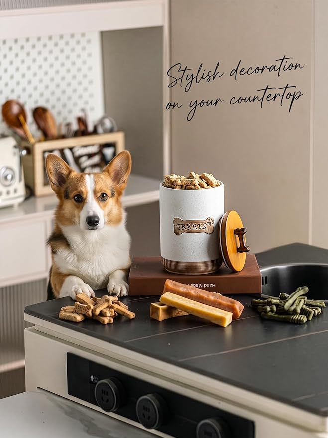 Miamolo Airtight Dog Treat Container, Dog Food Storage Container, Ceramic Dog Treat Jar with Wood Lid and Handle, Pet Treats Canister for Countertop, Farmhouse Gift for Dog Lovers, Bone Glinting White