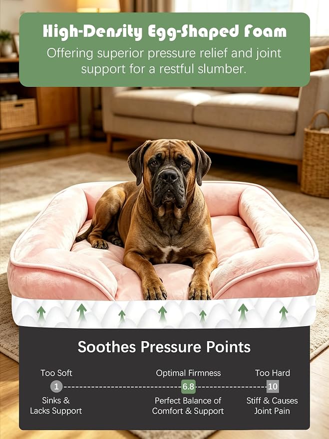 Spotted Play Orthopedic Dog Bed with Sides - Sofa Beds for Extra Large Dogs, Supportive Foam Pet Couch Bed with Washable Removable Cover, Waterproof Lining and Non-Slip Bottom, Pink - XXL