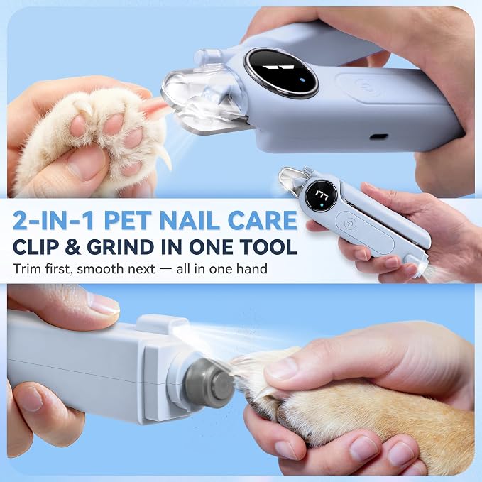 2-in-1 Quiet Electric Pet Nail Clipper & Grinder with Light for Dogs Cats (Blue) Dual LED Lights,3-Speed Grinder,Nail Clipping Splash Guard,Type-C Rechargeable,Quiet Design for Anxious Dogs & Cats