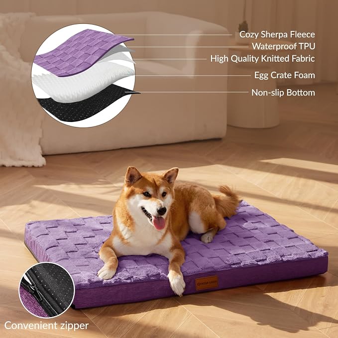 Patas Lague Orthopedic Large Dog Bed Washable Pet Crate Mat 48''X30'' Purple