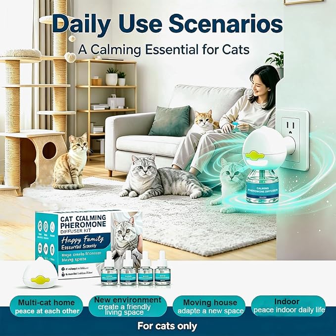 Cat Pheromone Calming Diffuser Refill, 1 Diffuser 4 Refill, 192ML/120 Days | Help Reduce Unwanted Behaviors, Deter Spraying, Scratching & Cat Fighting, Universal Diffusers Plug-in