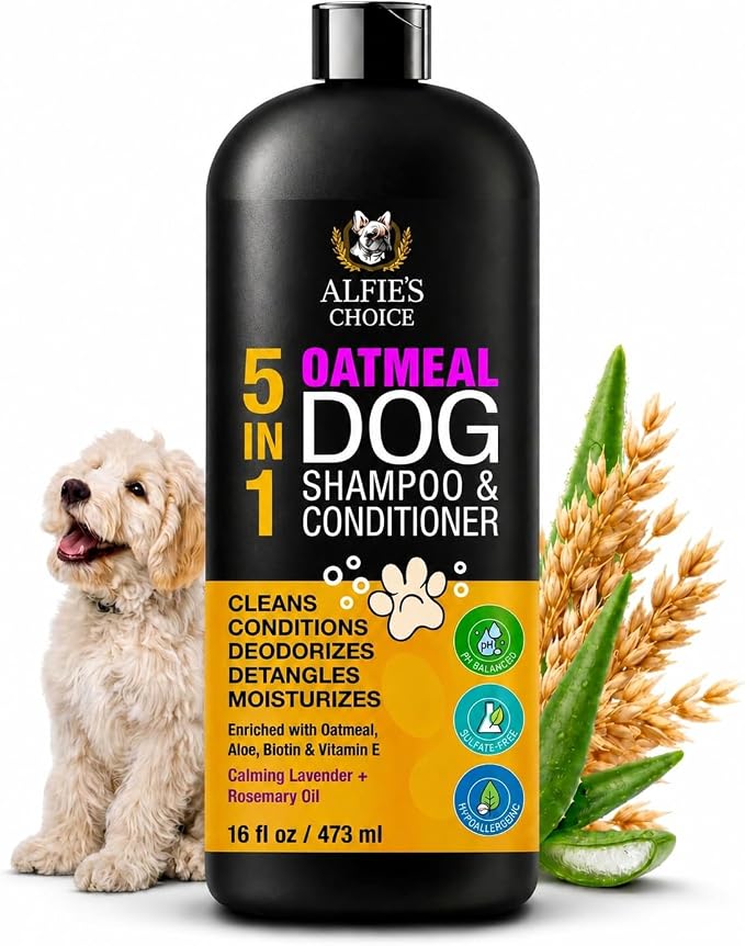 Oatmeal Dog Shampoo and Conditioner for Itchy Skin Relief 16 fl oz | 5-in-1 Puppy Shampoo for Sensitive Skin | Clean, Condition, Deodorize & Detangle | Dog Wash for All Breeds | ALFIE'S CHOICE