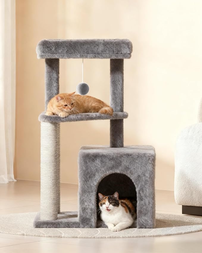Cat Tree Tower for Indoor Cats, 33 Inches Multi-Level Cat Condo with Scratching Posts, Large Perch, Hanging Toy for Large Adult Cats, Gray