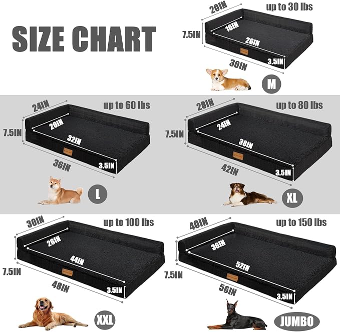 Patas Lague Orthopedic Large Dog Bed Washable Pet Sofa Bed 48''X30''Black | 2-Sided Bolster Egg-Crate Foam Dog Couch Large Sized Dogs, Waterproof Removable Washable Cover, Nonskid Bottom Pet Crate Mat