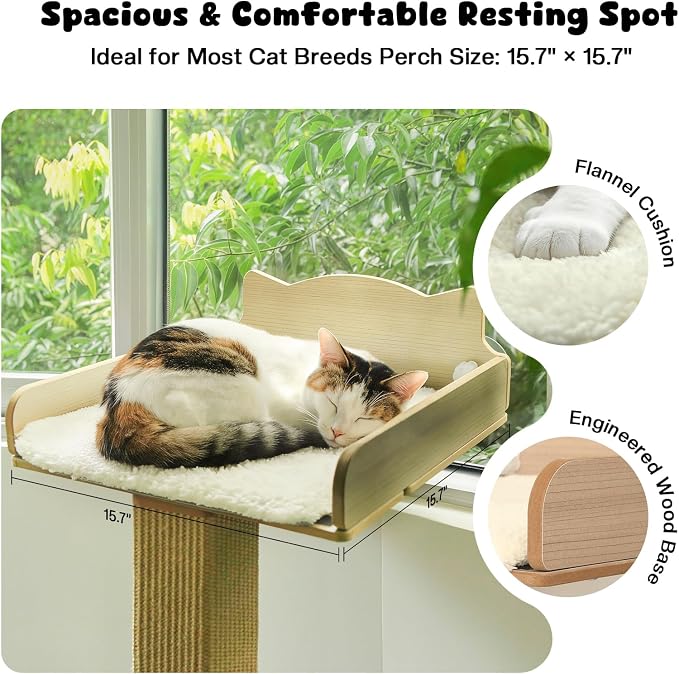 Cat Window Perch with Thick Sisal Scratching Post, Cat Hammock for Window, 53.5" Adjustable Tall Cats Scratching Post with 2 Upgrade Suction Cups, Cats Window Bed with Fluffy Cushion, Jute