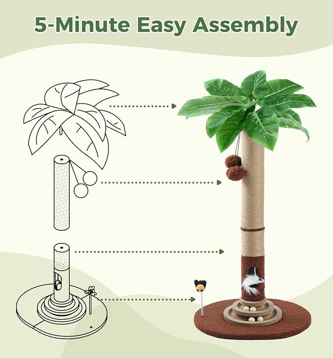 Made4Pets 35" Tall Cat Scratching Post with Sisal Rope, Interactive Hanging Balls, Toy Mouse and Two-Layer Ball Track Cat Toys, Palm Tree Cat Scratcher Tower for Indoor Cats and Kittens