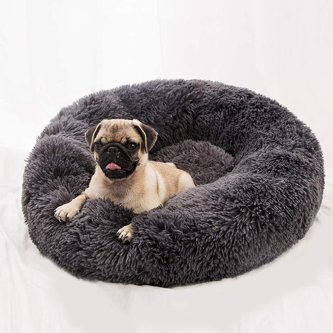 Faux Fur Dog Bed Cat Bed,Shag Round Anti-Anxiety Pet Calming Bed Doughnut Cuddler for Medium Large Puppy Dog Cat Kennel Cushion Self Warming Bed (28'' D x 8'' H, Dark Grey)