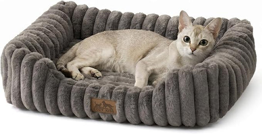 COZY KISS Orthopedic Pet Bed for Small Cats - Washable Rectangle Pet Bed with Anti-Slip Bottom, Soft Calming Cat & Puppy Bed for Indoor Pets (20"x18"x6", Grey)