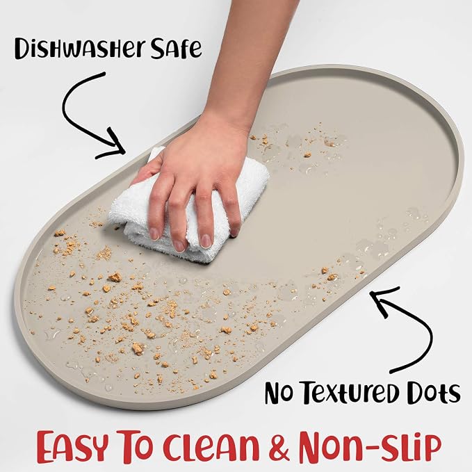 DogBuddy Dog Food Mat - Waterproof Dog Bowl Mat, Silicone Pet Mat for Food and Water Bowls, Nonslip Pet Feeding Mat with Edges, Dogs Food Mats for Floors, Puppy Supplies (Large, White Sand)