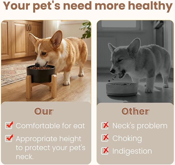 hjn Elevated Ceramic Dog Bowl with Bamboo Stand, Raised Pet Feeding Station for Small Medium Dogs Cats, Modern Design with Anti-Slip Base (Black, 3.6Cup)