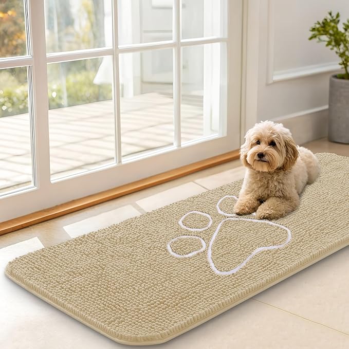 OLANLY Dog Door Mat for Muddy Paws 47x17, Paw Print Design Chenille Mud Mat | Beige, Absorbent, Traps Moisture and Dirt, Non-Slip Washable Doormat, Quick-Drying Indoor Entryway Floor Carpet for Dogs