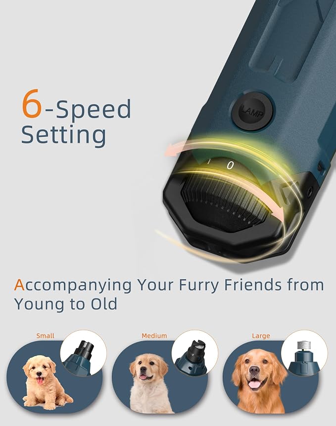 6-Speed Dog Nail Grinder& 5 Grinding Heads Super Quiet (45 db)Pet Nail grinder with 2 LED Lights 12000RPM & 3 Grinding Ports with Dust Cap Dog Nail Trimmer for Large Medium Small Dogs