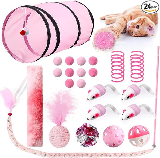 Foilswirl 24 Pcs Cat Toys Set Interactive Kitten Toys Pack Including Collapsible Play Tunnel Feather Teaser Wand Fuzzy Ball Springs Pillow Mouse Bells for Indoor Cats Puppy(Pink)