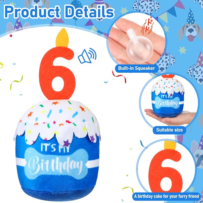 Dansydaisy Dog Birthday Cake Toy Squeaky Plush Toy for Girl Boy Gifts, Chew Accessories for Dog Birthday Party Decor Favor for Large, Medium and Small Dogs(6th,Blue)
