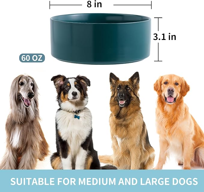 Green Raised/Elevated Ceramic Dog Bowl for Medium Large Sized Breeds,Large Dog Food Water Bowl with Stand,8 in Non Slip Heavy Weighted 1800ml/ 7.6 Cups/60 OZ