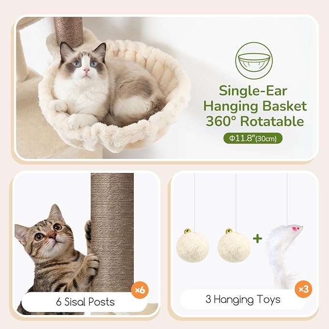 Globlazer F65D Corner Cat Tree Tower with Scratching Posts, Beige | 65in Multi-Level Large Cat Scratching Tower with Hammock, 6 Scratching Posts, Basket and 2 Perches for Indoor Multiple Cats