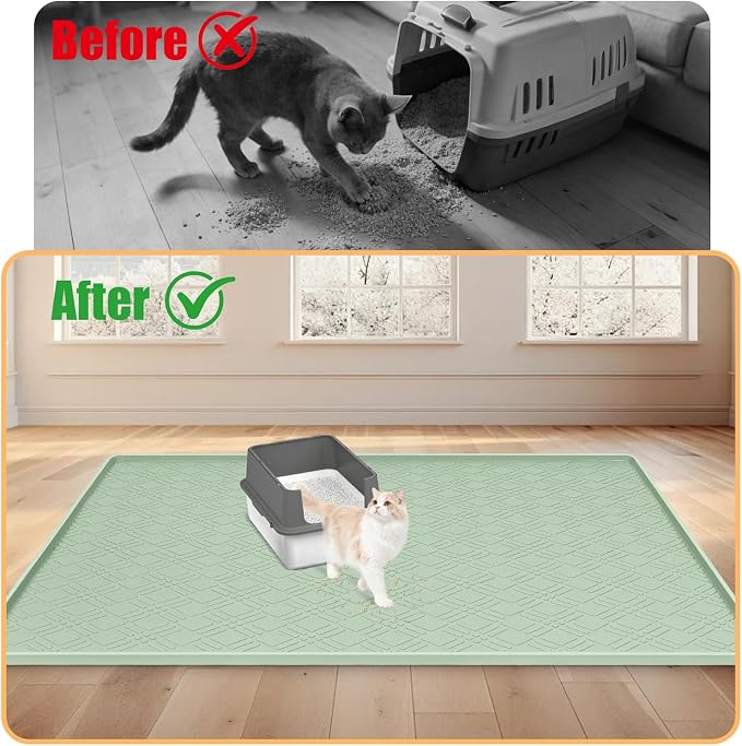 Silicone Cat Litter Mat 42" x 29" Cat Mat for Litter Box, Green | Extra Large Cat Litter Trapping Mat for Floor, Waterproof, Non-Slip Kitty Litter Box Mat with Raised Edge, Easy to Clean