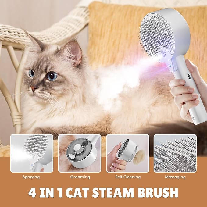 Cat Steam Brush for Indoor Cats, Spray Cat Deshedding Brush for Grooming | Self Cleaning Steam Pet Brushes with Spray, Helps Remove Loose Hair & Undercoat, Grooming Tool for Long & Short Hair Cats